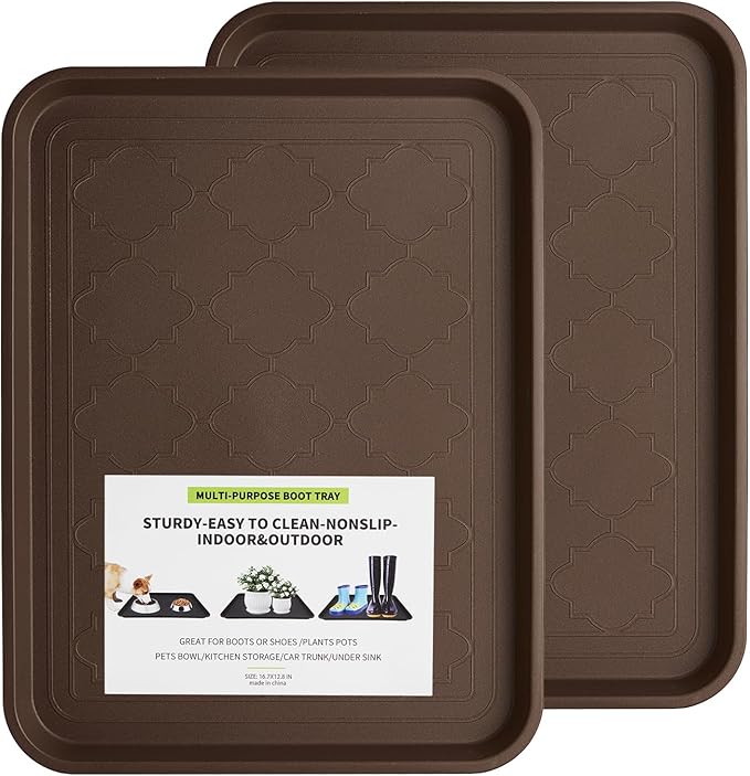 Boot Tray 2 Packs All Seasons Multi-Purpose, Waterproof Boot Trays for Entryway Indoor & Outdoor, Non-Slip Shoe Tray, 16.7"x12.8",Brown