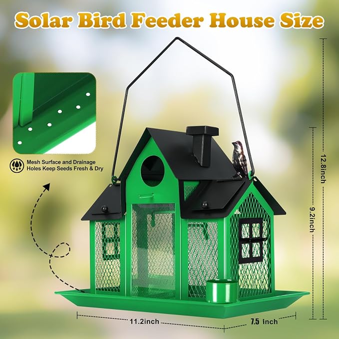 YYWMWM Solar Bird Feeders House for Outside Hanging, Metal Wild Bird Feeder for Outdoors, Large Cardinal Bird Feeder Birdhouses Green