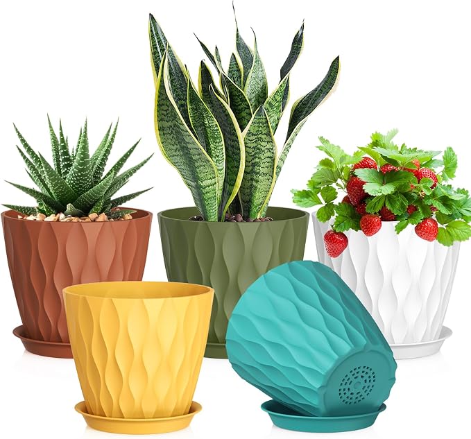Meowell 7 inch Plant Pots for Indoor Outdoor Plants, 5 Pack Thick Nursery Pots with Drainage Holes and Saucers, 3D Modern Wave Texture Plastic Planter Pots for Flowers and House Plants, Multicolor