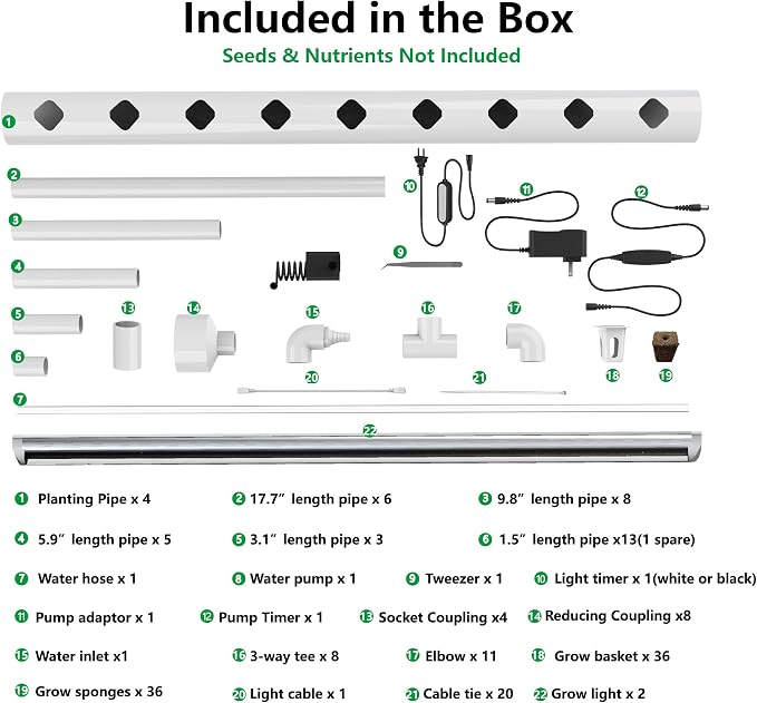 NFT Hydroponic Growing System Kit - Full-Spectrum Grow Lights ＆ Timer | 36 Plant Sites | Food-Grade PVC-U Pipes | Auto Water Pump & Timer | Indoor Gardening for Leafy Greens, Lettuce & Herbs