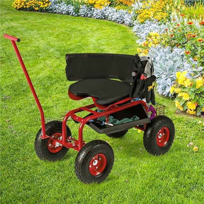 ERGOMASTER Garden Seat with Wheels, Outdoor Gardening Wagon Scooter, 2 Steering Handles, 360° Swivel Workseat & Tool Storage, Use for Patio, Yard, Lawn, Red