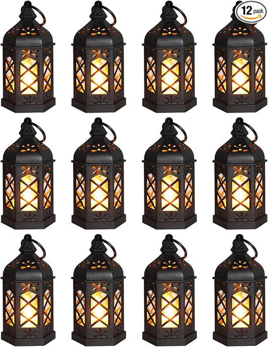 12-Pack Mini Lanterns, Small Candle Lanterns Decorative, Black Tea Light Lantern, Ramadan Eid Decor, Table Centerpiece for Wedding Halloween Christmas, Easter Decorations, Battery Included
