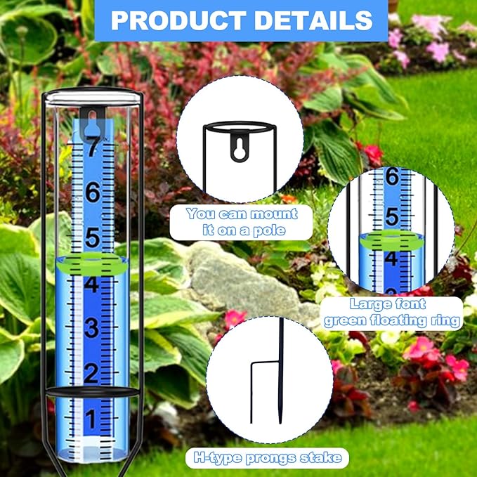 Rain Gauge Outdoor with Large Easy-Read Numbers | Freeze-Resistant Plastic Rain Gauge with Floating Marker, Stake or Hang Installation | 7" Rain Measuring Tool for Garden Yard Fence Farm