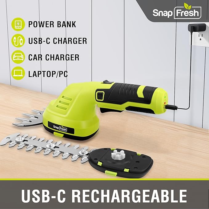 SnapFresh Cordless Hedge Trimmer & Grass Shears, 2-in-1 7.2V Handheld Mini Hedge Trimmer with 180° Rotating Head, Electric Bush & Shrub Trimmer, 2.0Ah Battery & USB-C Charging for Garden Yard Lawn