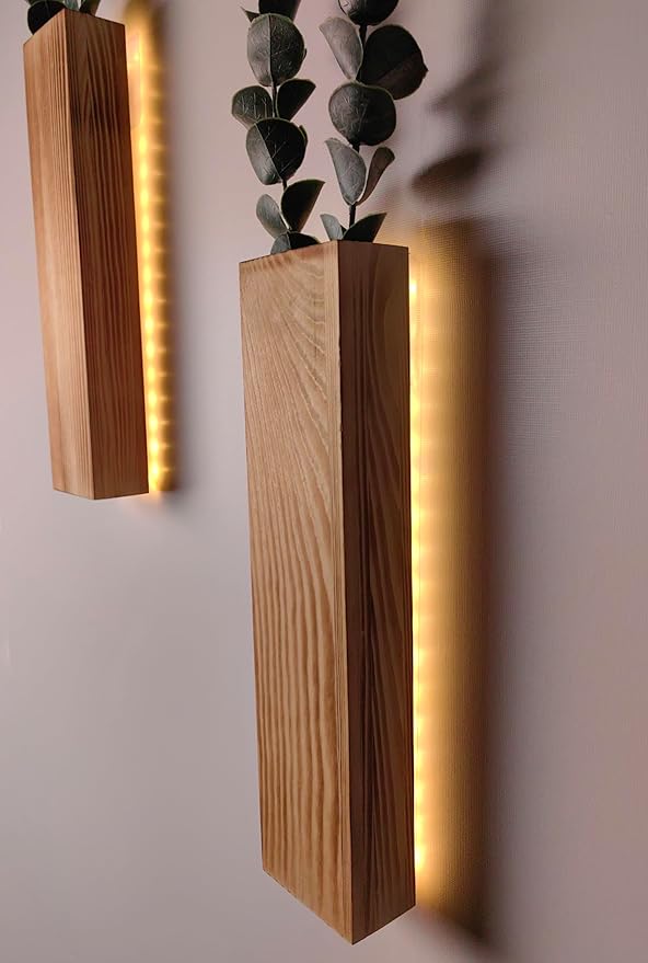 Artificial Eucalyptus with LED Lights Wall Planters Rustic Wall Decor with Lights Wall Sconces Fake Vines for Room Decor Home Bedroom Living Room Bathroom Hanging Vase for Dried Flowers Faux Plants