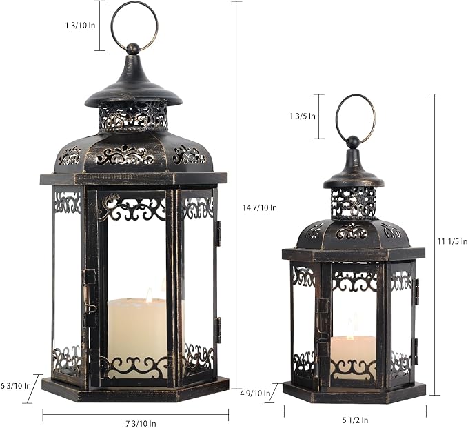 Large Lantern Decorative Outdoor & Indoor, Set of 2 (15’’&11’’) Metal Candle Lanterns Decor, Vintage Hanging Candle Holder for Front Porch Patio Wedding Farmhouse Home, Spring Decoration