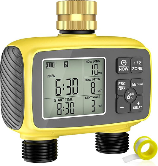 Hose Timer 2 Outlet, 2 Zone Programmable Sprinkler Timer with Rain Delay & Manual Mode, Heavy Duty Digital Timer for Garden Hose, Auto Irrigation Controller for Lawn, Yard & Drip Irrigation Outdoor