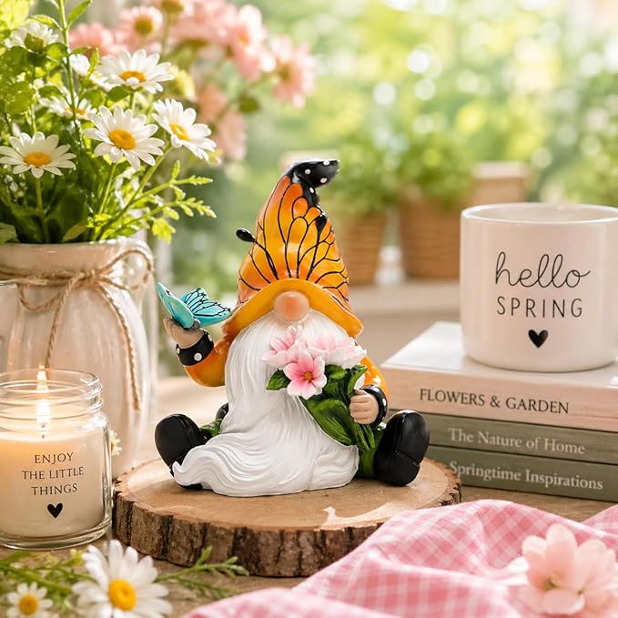 Hodao Butterfly Gnome Figurine Spring Decor, Cute Resin Gnome with Floral and Butterfly Design,Decorate for Shelves, Tiered Trays, Patios, and Garden, Gift for Mom Friends Housewarming Birthday