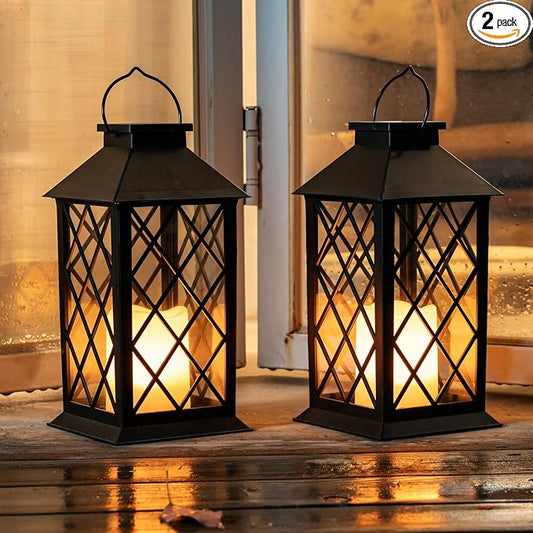 Homemory Solar Lanterns Outdoor Waterproof Hanging with Flickering Flameless Candles, 2 Pack 13'' Garden Outdoor Lantern Decorative for Patio Front Porch Backyard Balcony Cabin Outside Table(Black)