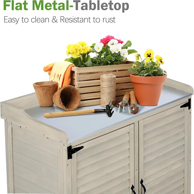 Outdoor Storage Cabinet & Potting Bench Table with Metal Work Top & Vented Louvered Doors, Wooden Patio Furniture, Garden Workstation (Accent Grey, 36x31x17in)