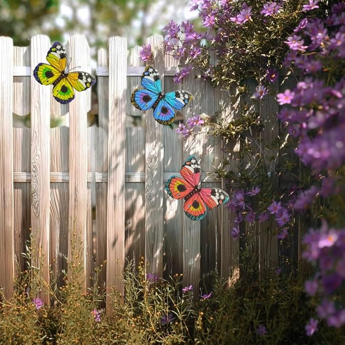 Hanging Butterfly Decorations Fence Decor 3 Pieces Metal Colourful Butterflies Outdoor Wall Art for Garden, Patio, Outside, Home, Farmhouse, Living Room, Dining Room, Rustic Country
