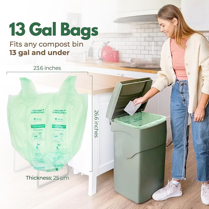 AIRNEX Compostable Kitchen Trash Bags 13 Gal - Cornstrarch Leakproof & Tear Resistant 100 Compost Bags - OK Compost Home & Seedling Certified 0.25 mm Kitchen Garbage Bags