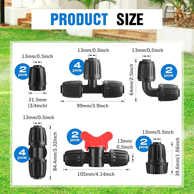 Pushglossy 32 Pcs 1/2" Tubing Irrigation Fittings Kit 1/2" ID x 0.6-0.63" OD 16 mm Drip Irrigation Barbed Connectors 4 Switch Valves, 8 Tees, 8 Couplings, 4 Elbows, 4 Ends, 4 Adapters (Blue, Black)