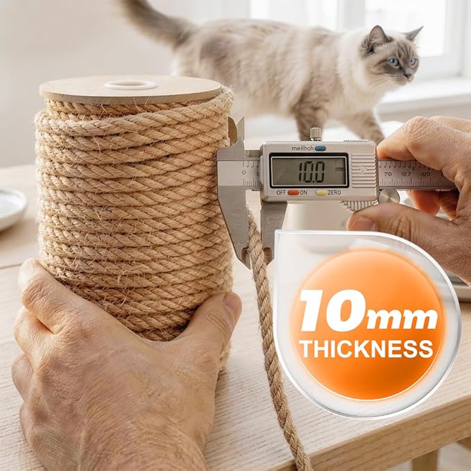 Jute Rope 10MM x 50FT Heavy Duty and Thick Twine Rope for Crafts Projects Gardening Bundling Cat Scratcher Scratching Post Tree Gift Wrapping Home Christmas Decoration (Brown 10mm* 50ft)