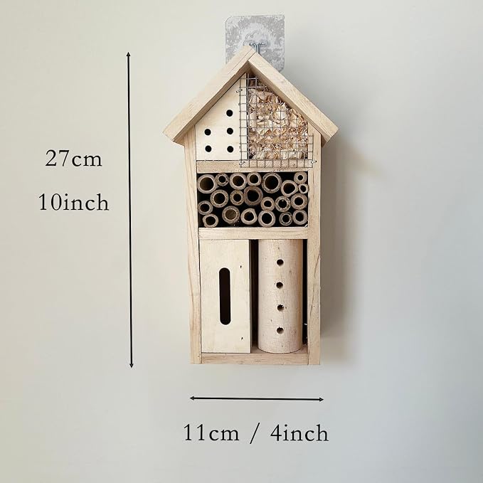 Wooden Insect Hotel for Garden - Bee House & Ladybug House, Pollinator Bug Hotel/Bug House to Attract Beneficial Garden Insects (Natural Wood Color)