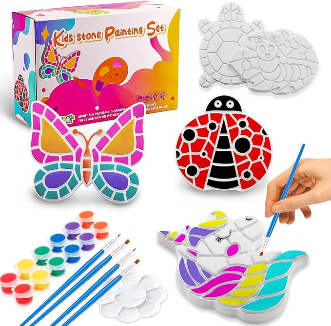 Hdsahdok Stepping Stones Painting Kit for Kids Ages 4-12 - 5 Pack Paint Your Own Garden Stones with Butterfly, Unicorn & Ladybug Designs, Outdoor Art & Craft Activity Set, Summer Craft Kit for Kids