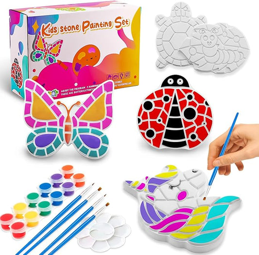 Hdsahdok Stepping Stones Painting Kit for Kids Ages 4-12 - 5 Pack Paint Your Own Garden Stones with Butterfly, Unicorn & Ladybug Designs, Outdoor Art & Craft Activity Set, Summer Craft Kit for Kids