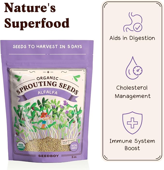 Seedboy Organic Non-GMO Alfalfa Seeds for Sprouting - Microgreens Sprouting Seeds - 8 oz Bag Makes 8 Quarts / 32 Servings (Alfalfa)
