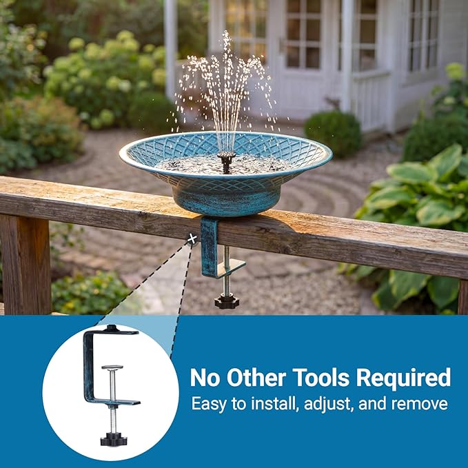 12.6" Solar Bird Bath for Deck Railing, Detachable Metal Bird Bath Bowl with 3.5" Sturdy Clamp, Adjustable Deck Bird Feeder for Outside, 2-in-1 Bird Bath for Patio