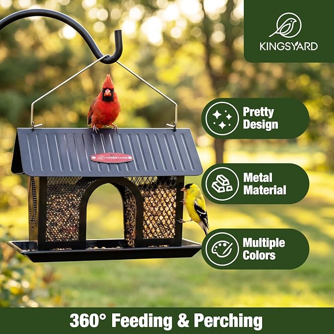 Kingsyard Bird Feeder for Outdoors Hanging, Dual-Use Metal Mesh Wild Bird Feeders with Seed Tray & Weatherproof Roof, 3 lbs Large Capacity, Black