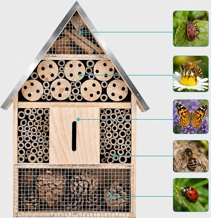 Wooden Mason Insect Bee Butterfly House,Insect Hotel,an Outdoor Hanging Bamboo Habitat for Bee Butterfly Ladybugs Live,Bee Box,Butterfly Habitat for Garden,9 x 15.7 x 2.5 Inch