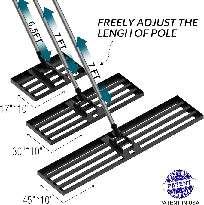 Walensee Lawn Leveling Rake, 17"x10" Heavy Duty Lawn Leveler Tool with 6.5FT Steel Handle, Levelawn Landscape Rake for Topdressing, Soil, Sand, Dirt, Small Yard, Garden, Golf Course