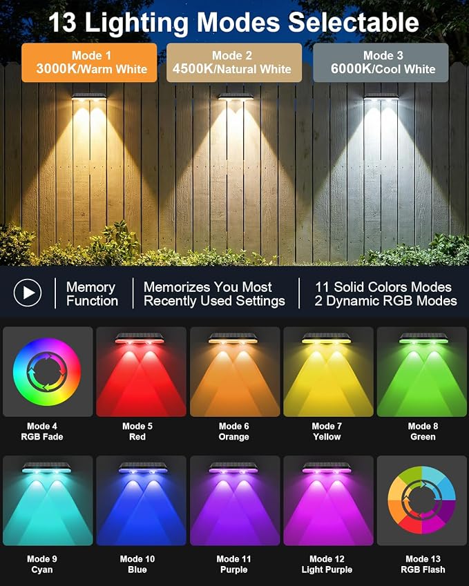Solar Fence Lights Outdoor,3000/4500/6000K/RGB 13 Mode 16PACK Fence Lights Solar Powered High Brightness LED Lens IP65 Waterproof Solar Wall Light for Outside/Patio/Step/Backyard/Railing Pool/Deck