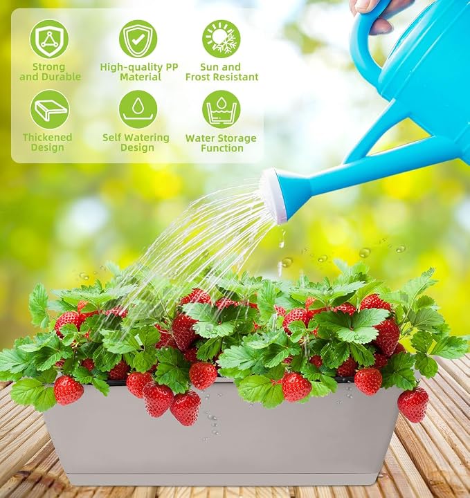 LOCONHA Window Box Planter, Plastic Vegetable Flower Planters Boxes 17 Inches Rectangular Flower Pots with Saucers for Indoor Outdoor Garden, Patio, Home Decor (7, French Grey)