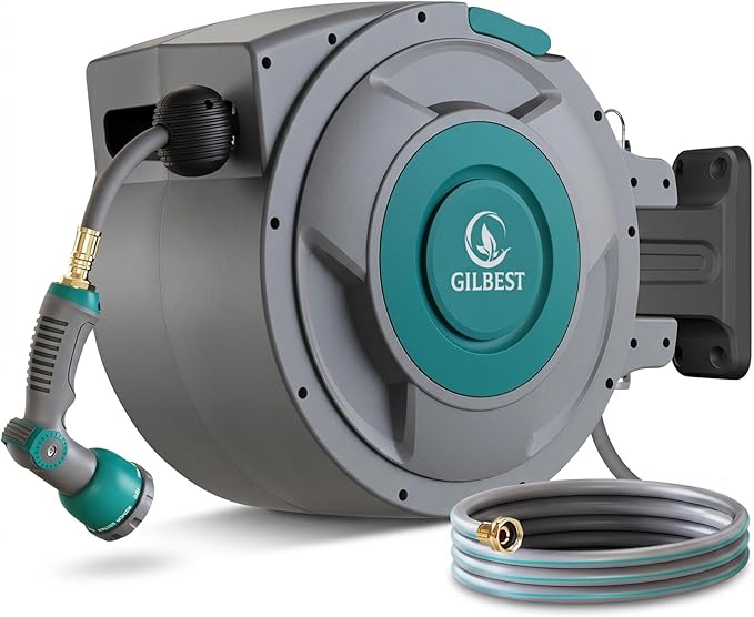 1/2" x 130 ft Retractable Garden Hose Reel, Heavy Duty Water Hose Reel Wall Mounted, Any Length Lock, 180°Swivel, Water Hose with 10-Function Nozzle for Cleaning, Watering (Green)