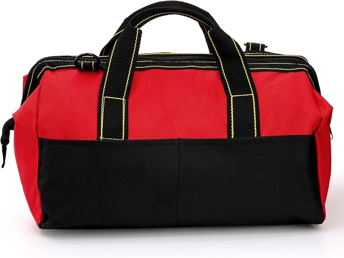 Hiceeden 16 Inch Wide Mouth Tool Bag, Collapsible Tool Tote with Waterproof Coating and Adjustable Strap, Portable Electrician Tool Organizer Handbag with 5 Outside Pockets, Red