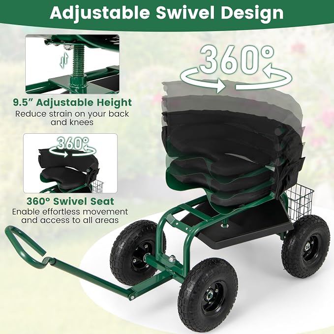Garden Cart with Seat, Heavy-Duty Rolling Wagon Scooter with Wheels, Height Adjustable & 360° Swivel Seat, Storage Tray, Basket & Handle, Outdoor Gardening Work Seat for Patio Yard(Green)