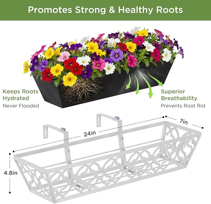 4 Pack 24 Inch Railing Planter Boxes with Adjustable Brackets & Non-Woven Liner, Deck Window Hanging Flower Box for Balcony, Fence, Patio, Outdoor Garden, Gray
