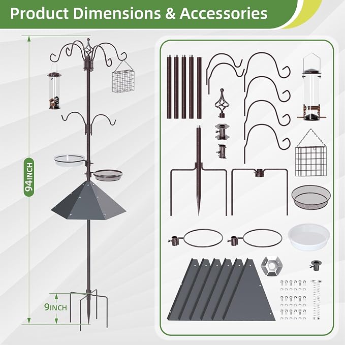 94" Bird Feeding Station Kit with Metal Squirrel Baffle, Heavy Duty Metal Bird Feeding Station with Seed Tray＆Mesh Basket, Easy Assembly Ground Mounted Bird Feeder Pole for Garden Yard Outdoor