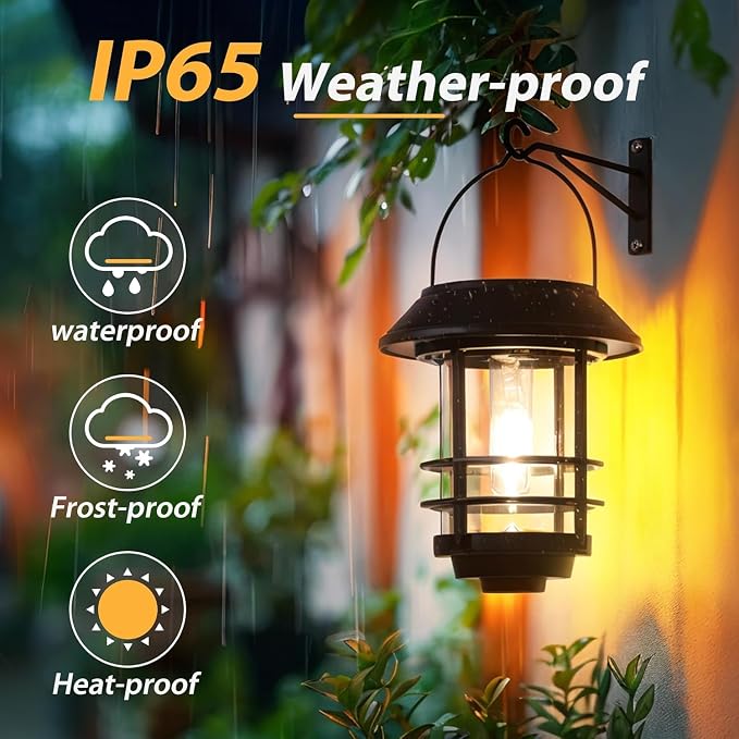 Otdair Solar Lanterns Outdoor Waterproof 2 Pack, Auto On/Off Hanging Solar Lights for Outside with Wall Mount, Outdoor Lighting Outdoor Decorative for Wall, Front Porch, Yard, Garden, Fence
