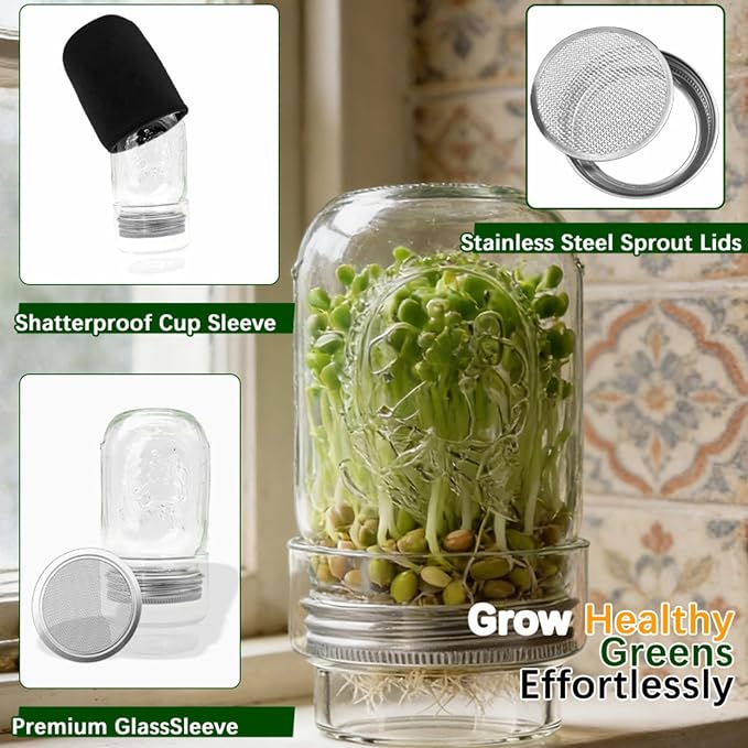Sprouting Jar Kits, Wide Mouth Quart Mason Jars with Stainless Steel Screen Sprout Lids, Seed Sprouter Setfor Bean Alfalfa Vertical Vegetable