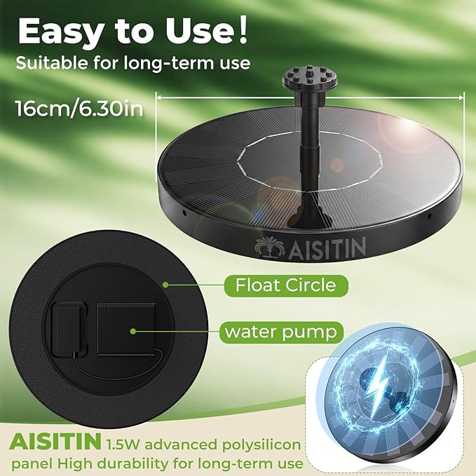 AISITIN Solar Bird Bath Fountain Pump, Solar Fountain for Bird Bath with 6 Nozzles, Solar Powered Water Fountain Pump for Garden, Ponds, Pool, Fish Tank and Outdoor
