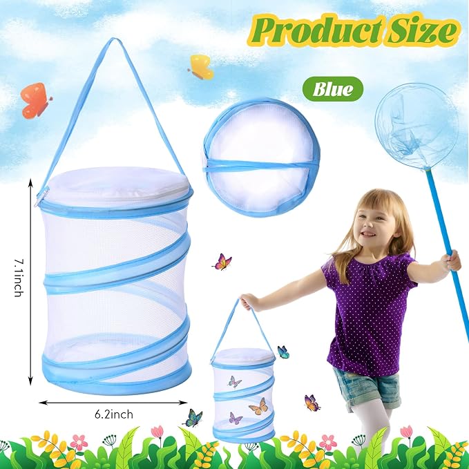 Sherr 10 Pcs Mini Butterfly Habitat Cage Clear Mesh Butterfly Net Cage Container Foldable Terrarium, 6.2x7.1inch (Blue)