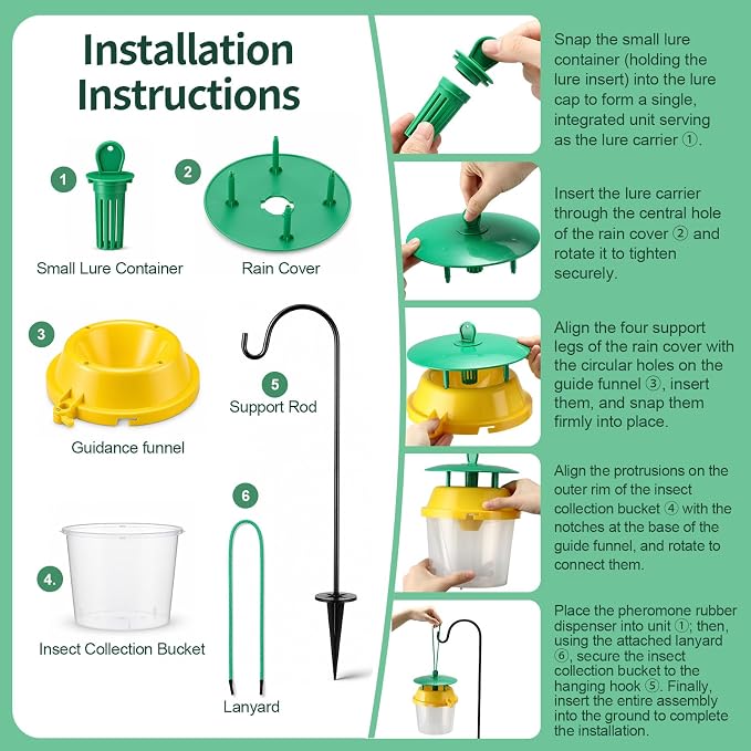 12 Pcs Reusable Leafminer Trap with Pheromone Lures, Bucket Style Insect Trap with 36.2'' Ground Stake, Outdoor Monitoring Tools for Citrus Trees Garden Orchard (2 Lures Included)