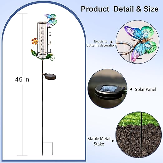 Solar Rain Gauge Outdoor with Metal Stake - 45" Decorative Butterfly Rain Gauge, 7 Inch Capacity Waterproof Yard Art Garden Decor with LED Light, Unique Gardening Gifts for Mom/Grandma/Family