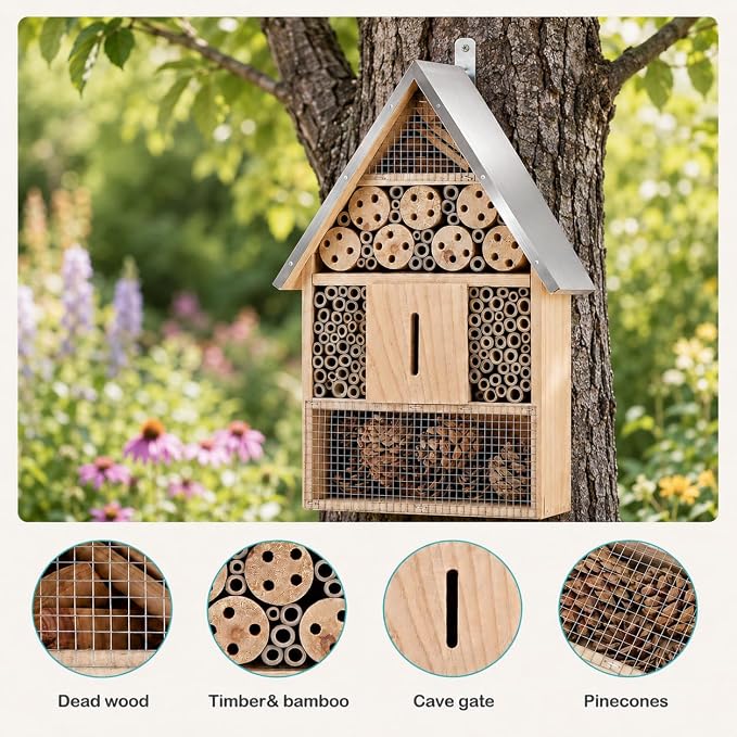 Wooden Mason Insect Bee Butterfly House,Insect Hotel,an Outdoor Hanging Bamboo Habitat for Bee Butterfly Ladybugs Live,Bee Box,Butterfly Habitat for Garden,9 x 15.7 x 2.5 Inch
