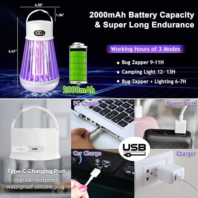 Bug Zapper Indoor Outdoor Mosquito Zapper, LED Rechargeable Fly Zappers Mosquito Killer Lamp with Storage Box, Waterproof 2000V Bug Light Trap for Home Kitchen Backyard Garden Camping Patio
