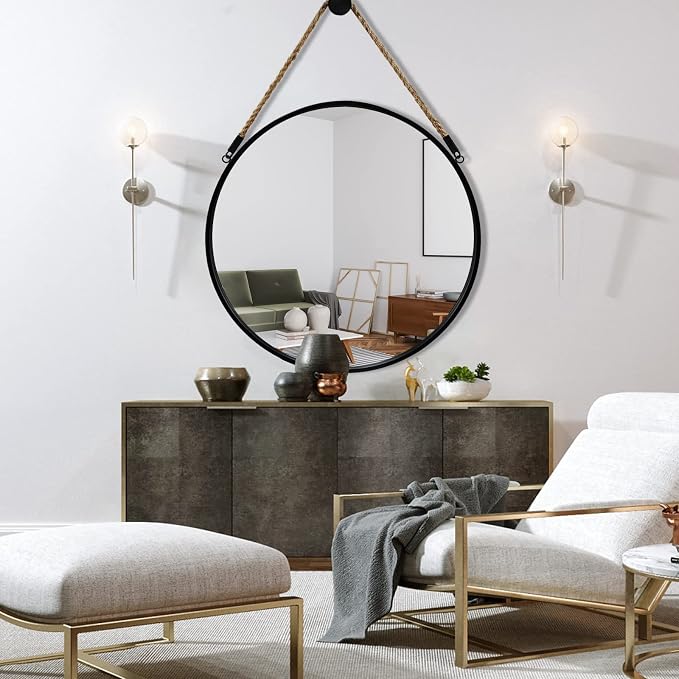 POZINO Round Hanging Mirror with Rope, 30 Inch Large Circle Wall Mirror, Black Metal Frame Farmhouse Mirror for Bathroom Bedroom Living Room Entryway Hallway