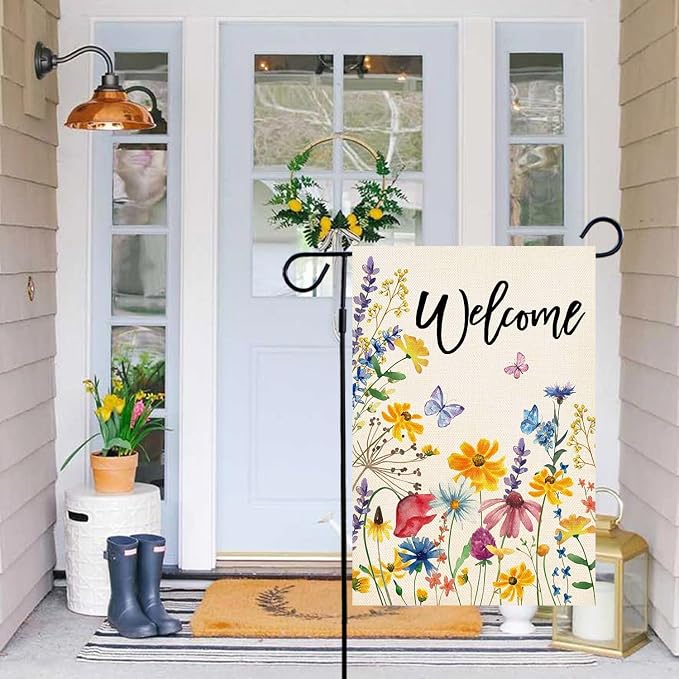 Baccessor Spring Summer Garden Flag Welcome Floral Leaves Double Sided Yard Flag Heavy Duty Seasonal Flowers Butterfly Outdoor Outside Patio Decoration 12.5x18 Inch
