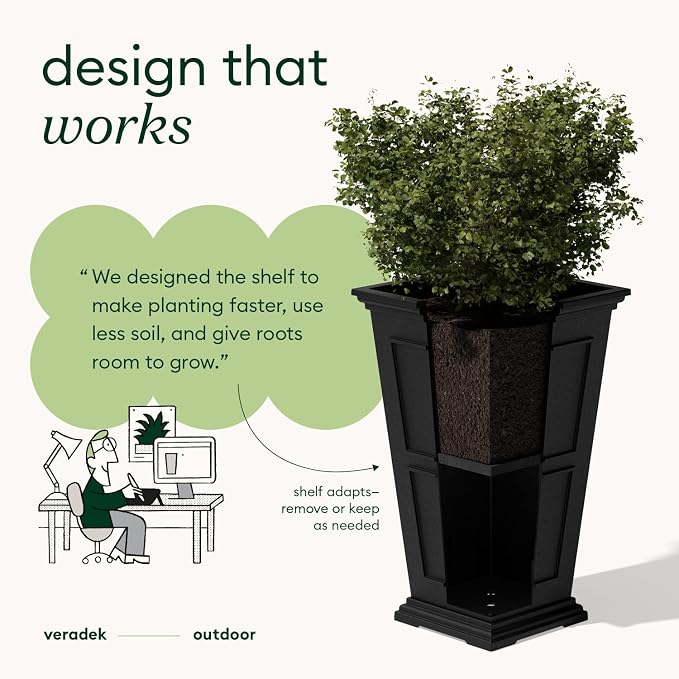 Veradek Brixton Series Tall Plastic Planter (Black, 26" H x 14.75" W x 14.75" L - 2 Pack with Shelf)