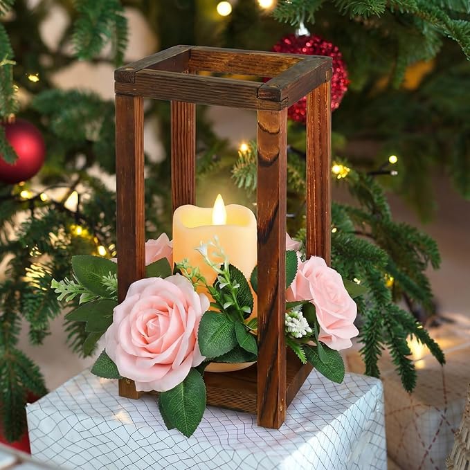 Hushee 30 Pcs Integrated Wedding Lantern Centerpiece Rustic Wooden Holder with Candles and Rings Farmhouse Candle Lantern Decor for Home Valentine Wedding Party Table Decor (Brown and Pink)