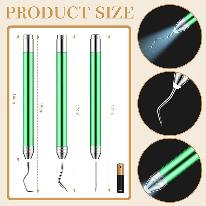 Therwen 3 Pcs LED Weeding Tools for Vinyl with Light Pin and Hook Lighted Weeding Pen for Removing Iron on Tiny Vinyl Paper Iron on Projects Adults and Cutting Machines Supply(Green)