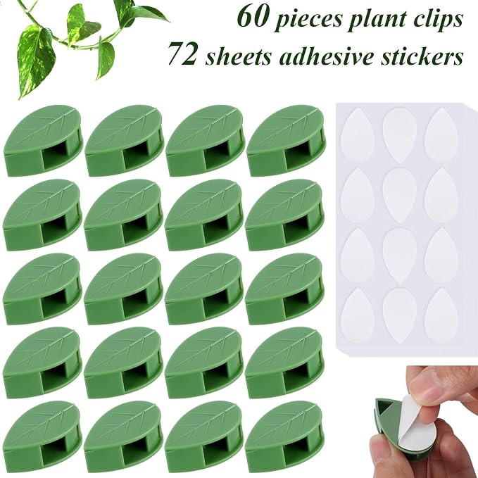 60PCS Plant Wall Clips with Self Adhesive Stickers - Leaf Shaped Vine Clips for Climbing Plants, Invisible Plant Support for Pothos Ivy Creeper, Indoor Outdoor