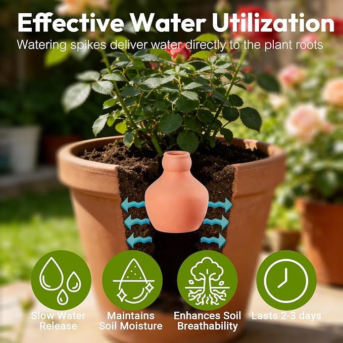 Plant Watering Devices 3 Pack Terracotta Vacation Plant Waterer Plant Self-Watering Stakes Terracotta Auto-Water Irrigation System Self Watering Devices for Indoor Outdoor Plants