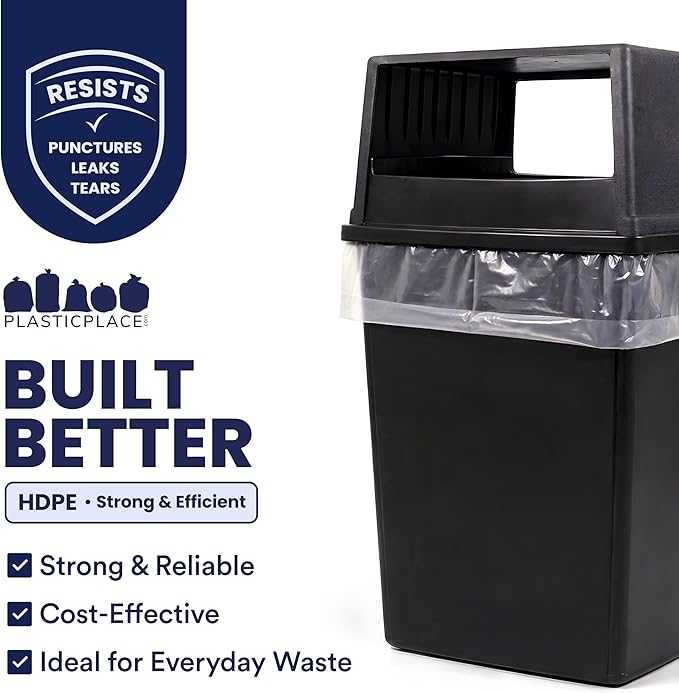 Plasticplace 56 Gallon Trash Bags - Clear High Density Garbage Bags - Heavy Duty, Scent-Free, Large Trash Can Liners for Kitchen, Commercial, & Garden Use 16 Microns, Leak-Proof, 43" x 48" (150 Count)
