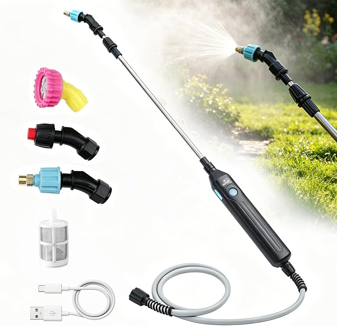 Upgraded Battery Powered Sprayer Wand, Rechargeable Electric Pump Sprayer with 3 Adjustable Nozzles, Sprayer Wand for Tank Sprayer, Portable Watering Wand for Lawn Garden Watering